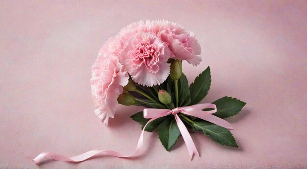 Photo a pink flower with a ribbon tied around it is laying on a pink background