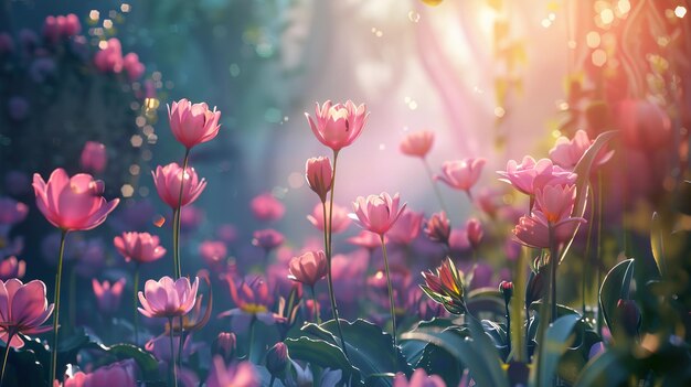 a pink flower with the sun behind it