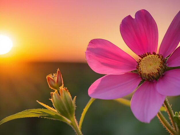 Pink flower with the sun behind it