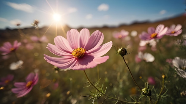 a pink flower with the sun shining through it