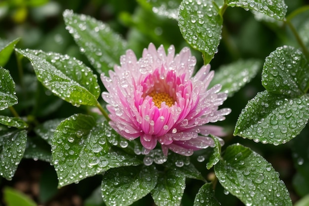 a pink flower with water droplets on it and the drops of water on it