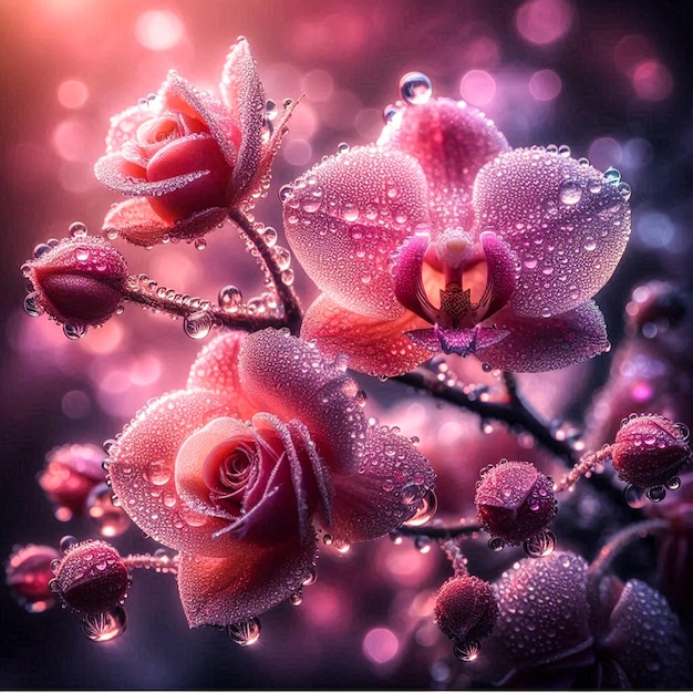 a pink flower with water drops on it and a pink flower in the middle