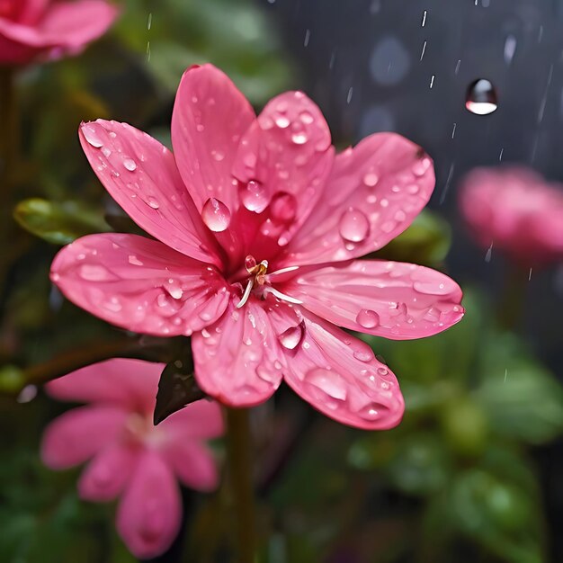 Photo a pink flower with water drops on it and the rain drops falling