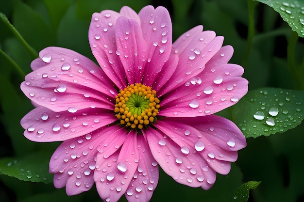 A pink flower with water drops on it and the word rain on it