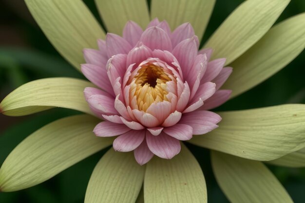 a pink flower with a yellow center and the center is pink