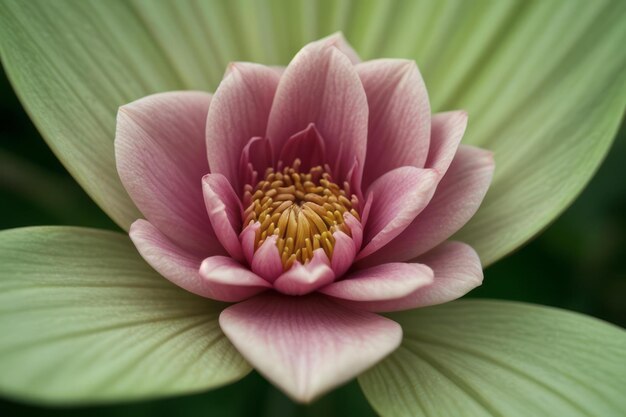 a pink flower with a yellow center and the center is pink