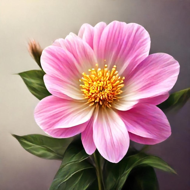 a pink flower with yellow center and green leaves