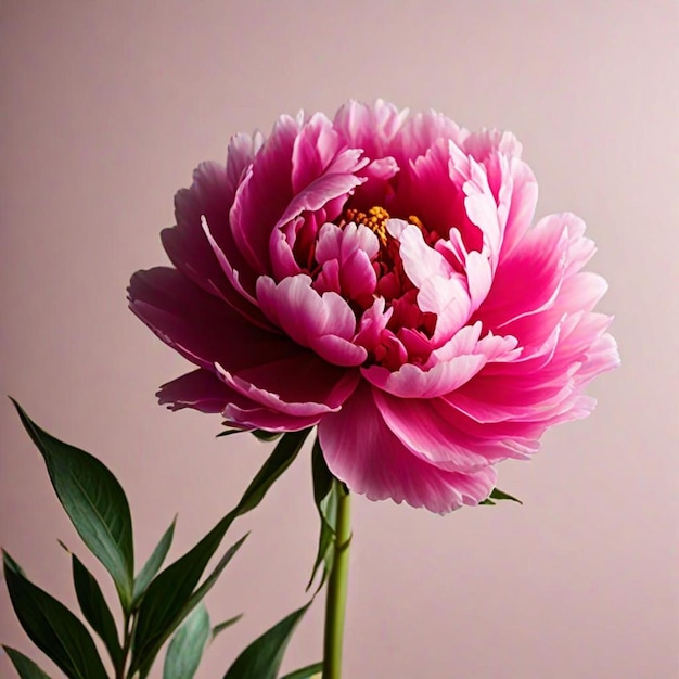 a pink flower with a yellow center and green leaves