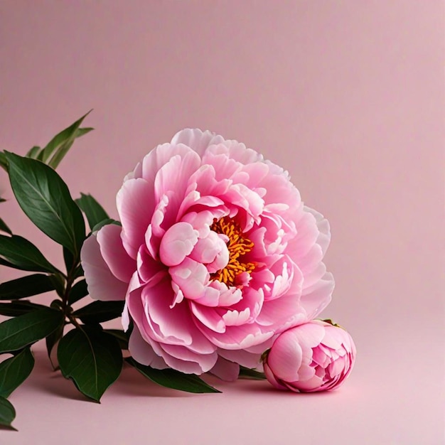 Photo a pink flower with a yellow center and a green leaves