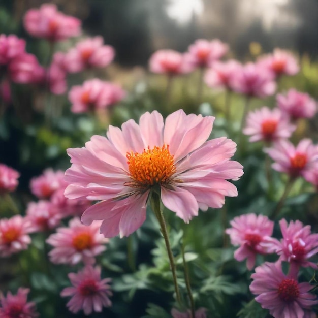 a pink flower with the yellow center is a purple flower with the center of the flower