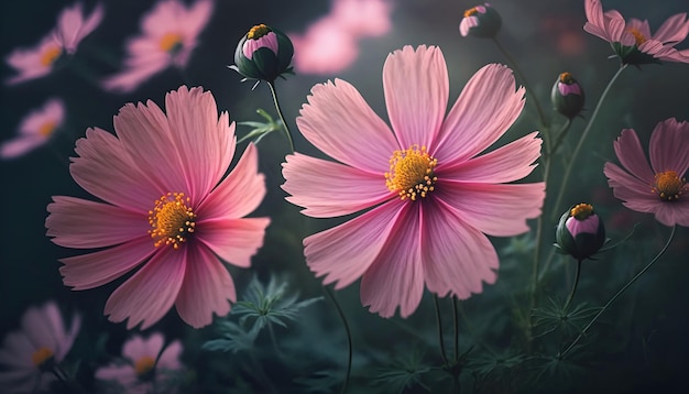 A pink flower with a yellow center is surrounded by other flowers.