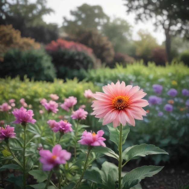 a pink flower with a yellow center and purple flowers in the background