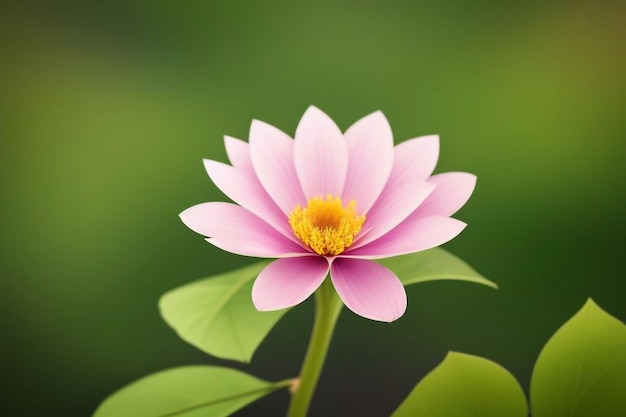 a pink flower with yellow center sits on a green background