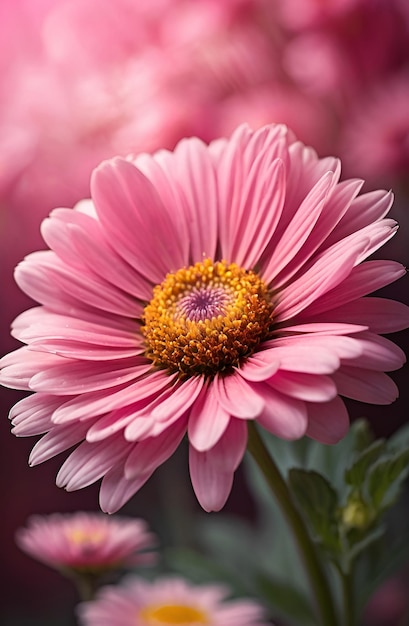 a pink flower with yellow center sits in a vase