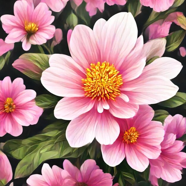 a pink flower with yellow centers is shown on a black background