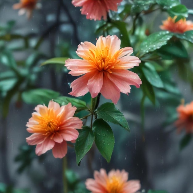 a pink flower with yellow and orange petals is in the rain