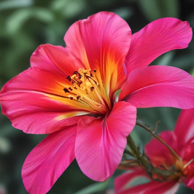 a pink flower with yellow and orange petals