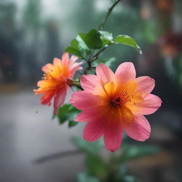 a pink flower with yellow and orange petals