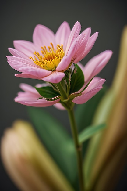 a pink flower with yellow petals and green leaves