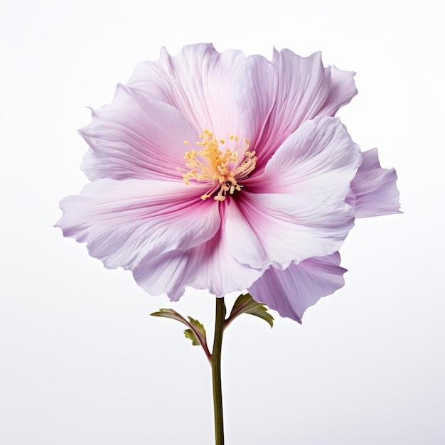 a pink flower with yellow stamens is shown against a gray background