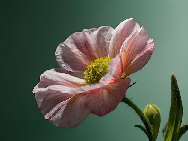 Photo a pink flower with yellow stamens is shown against a green background