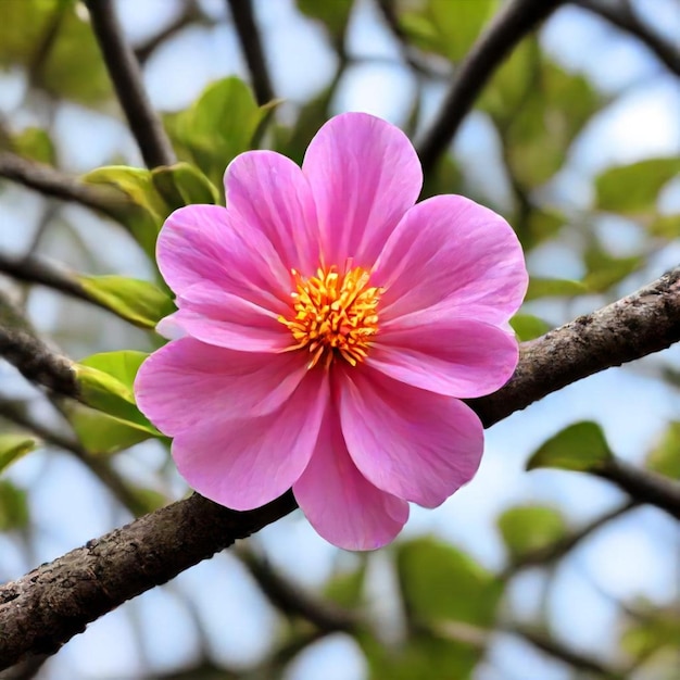 a pink flower with yellow stamens on it is in a tree