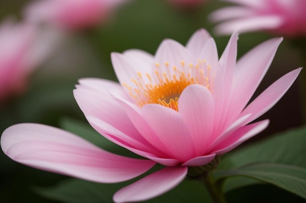 a pink flower with yellow stamens and a white stamen