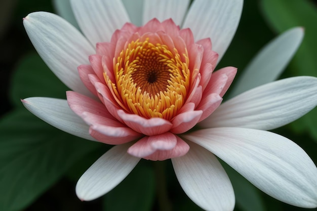 a pink flower with yellow and white petals