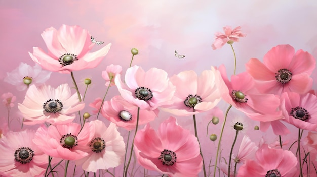 Pink flowers anemones and ladybug in spring nature