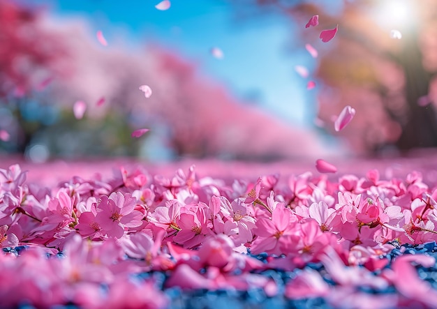 pink flowers are falling from a tree