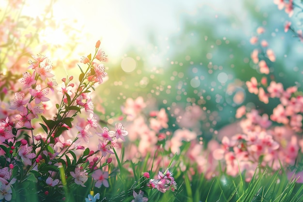 Pink flowers are in the grass with the sun behind them