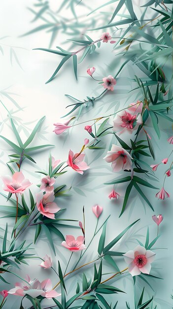 Pink Flowers and Bamboo Leaves on Soft Background Generative Ai