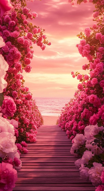 Photo pink flowers on a beach with the ocean in the background