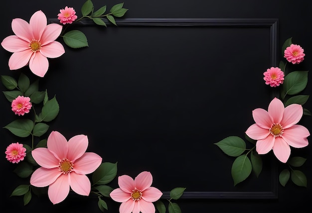 pink flowers on a black background with a black frame