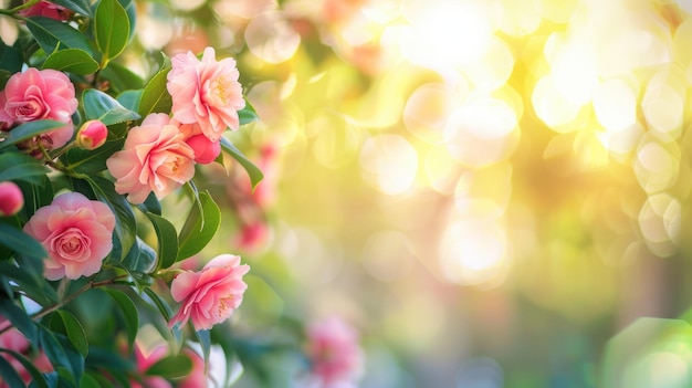 Pink flowers bloom on vibrant bush under sunlight with soft glowing background