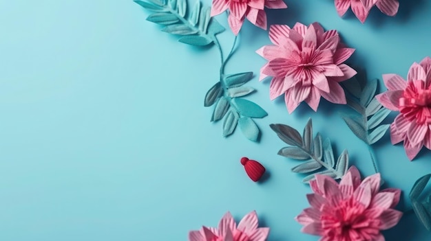 Pink flowers on a blue background with a red heart on the left side.