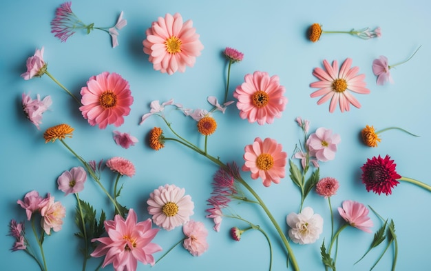 Pink flowers on a blue background