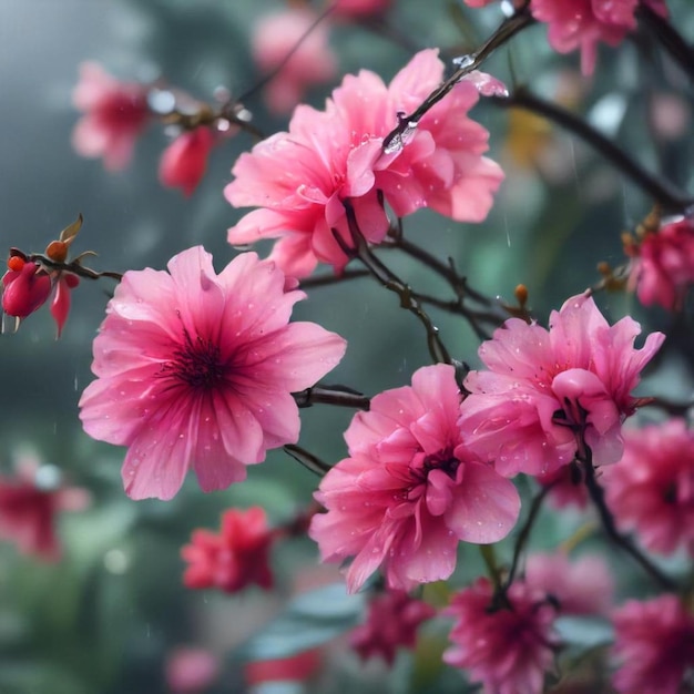 pink flowers on a branch with the word  spring  on the bottom