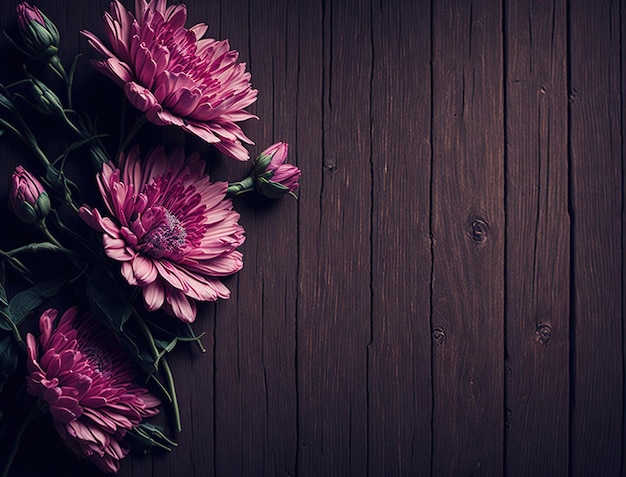 Pink flowers on a dark wooden background