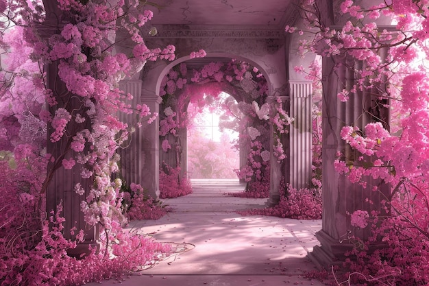 pink flowers fantasy portal with pink flowers of hall for wedding ceremony