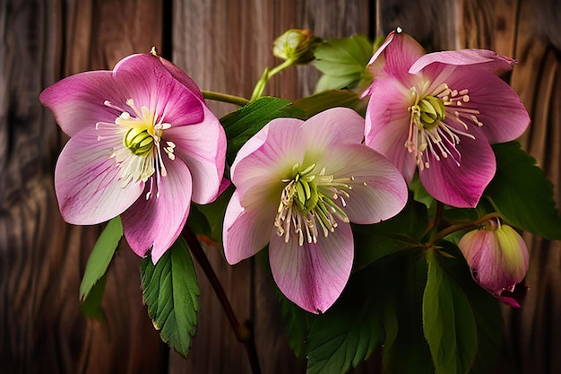 pink flowers on a fence with green leaves and pink flowers