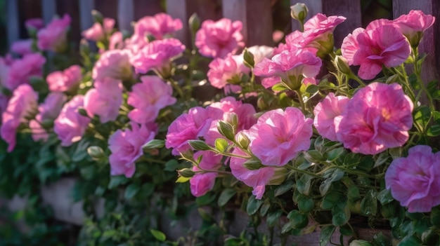 Pink flowers on a fence with the sun shining on them