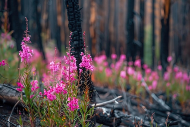 Photo pink flowers fireweed resiliently blooming in a postwildfire landscape a symbol of hope and regeneration amidst devastation