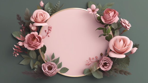 Pink flowers frame on a green background