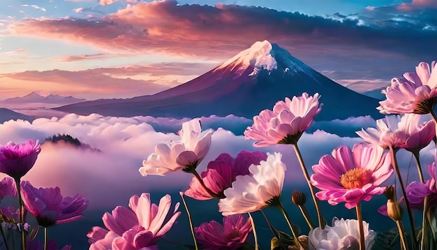 pink flowers in front of a mountain with a pink sky and clouds