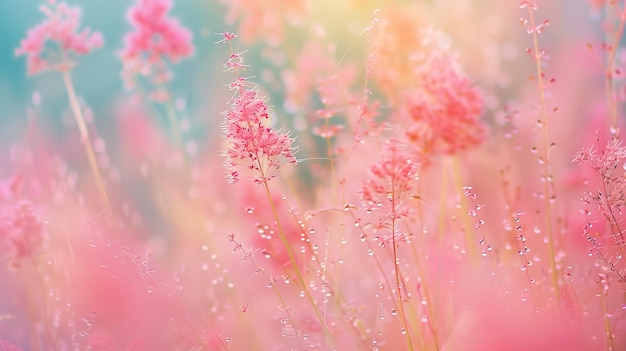 Photo pink flowers in the grass with the sun behind them