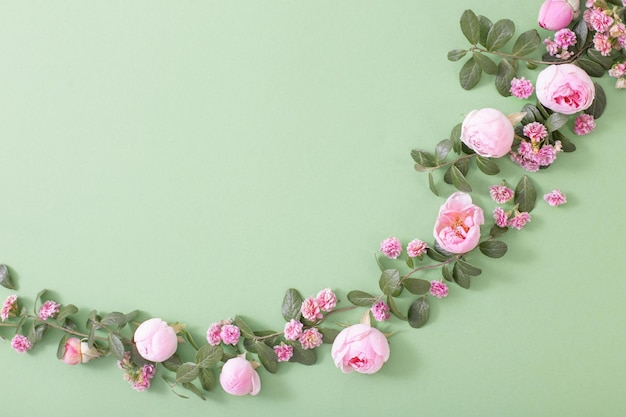 Pink flowers and green leaves on green background