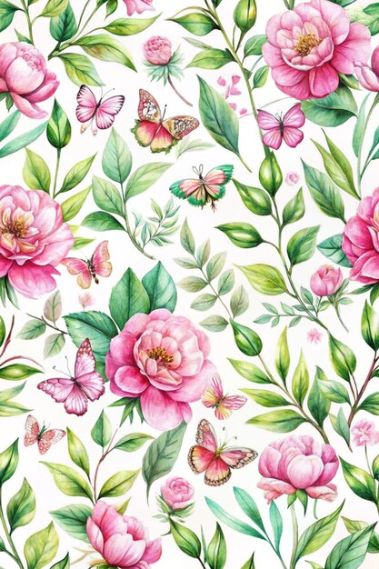 Photo pink flowers and green twigs with leaves seamless floral pattern watercolor illustration botanical illustration isolated on a white background daisies