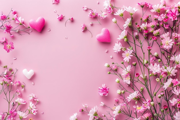 Pink Flowers and Hearts on Pink Background