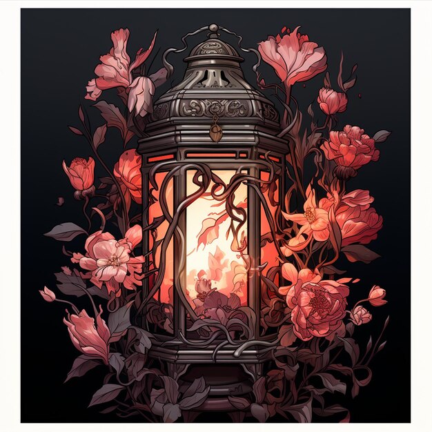 Photo pink flowers and lantern artwork